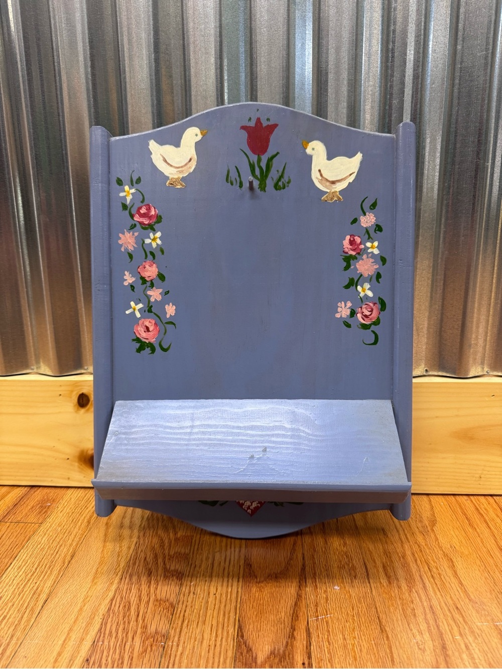 1990’s Hand-Painted Cottagecore Country Blue Wall Shelf Floral and Duck Motif